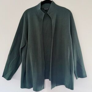 Eileen Fisher Dark Olive Waffle Knit Silk Cotton Open Front Pockets Cardigan LG